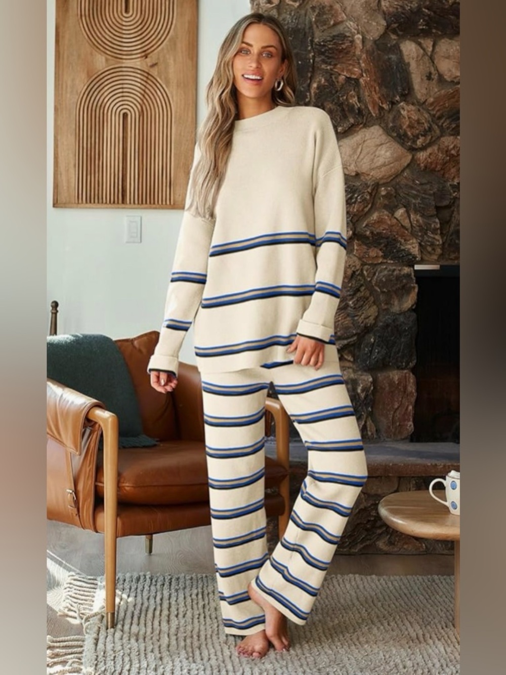 LILLUSORY Two Piece Lounge Sets Sweatsuits Striped Knit Sweater